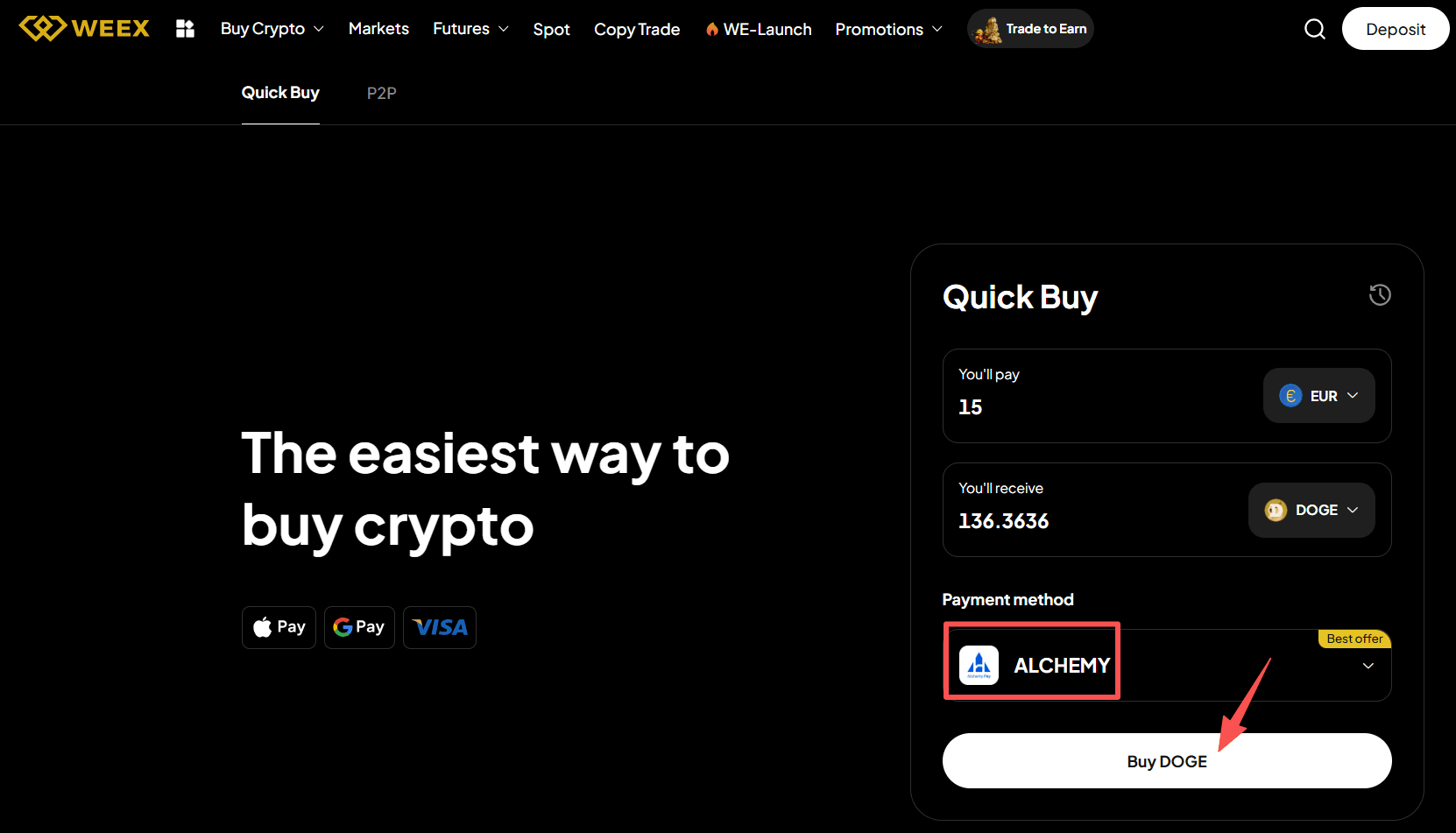 第三步:如何在WEEX上用欧元买入DOGE?Web 版本