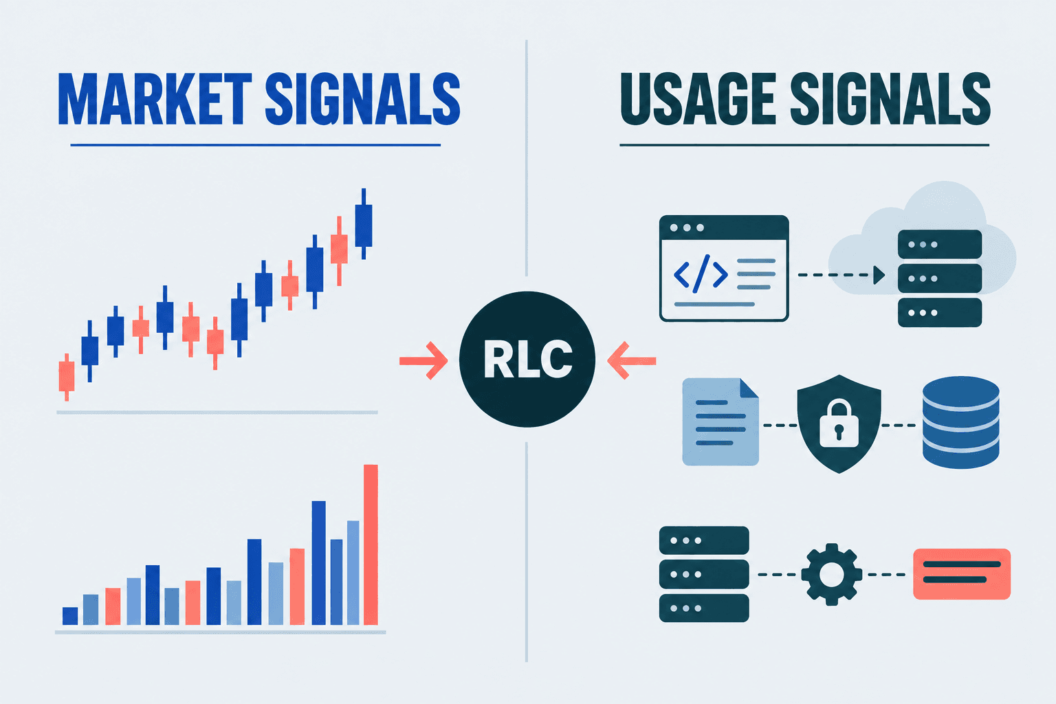 对比 RLC 市场信号与 iExec 网络使用信号的示意图,包括机密应用、受保护的数据和计算结算