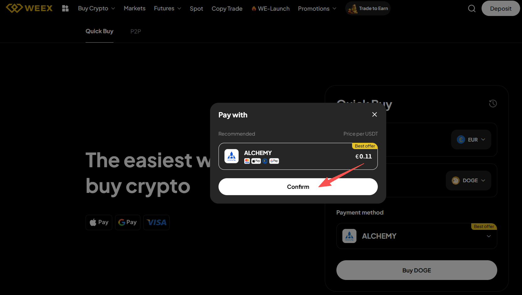 第二步:如何在WEEX上用欧元买入DOGE?Web 版本